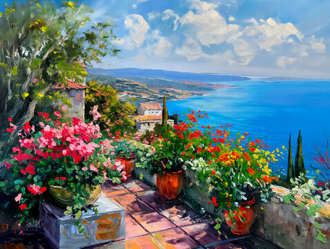 Ein Ölgemälde einer Terrasse mit bunten Blumen mit Blick auf das Mittelmeer