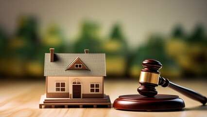 Real Estate Law Concept with House Model and Wooden Gavel