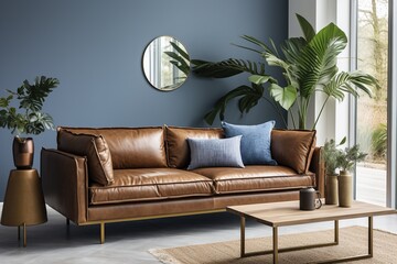 brown leather sofa in a blue room with plants
