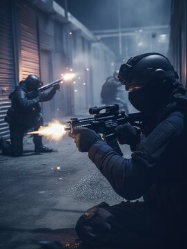 Special forces soldiers in action during a night raid