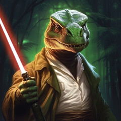 Jurassic warrior T rex dinosaur wizard with laser light saber sword