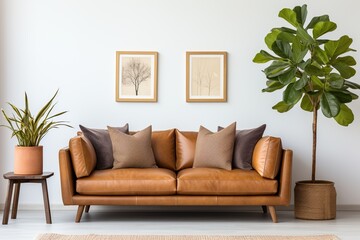 brown leather sofa in a living room with plants - obrazy, fototapety, plakaty