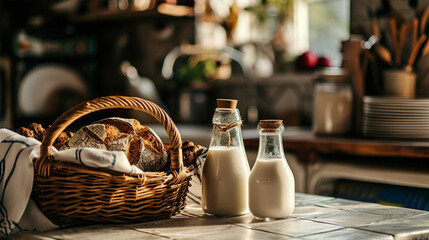 Fototapeta na wymiar bottle of milk and Fresh homemade bread on a table in the kitchen with copy space.
