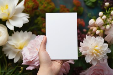 Hand presenting blank white card among diverse flowers