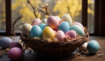 Fototapeta na wymiar Various shaded Easter eggs in basket, window and spring trees background.