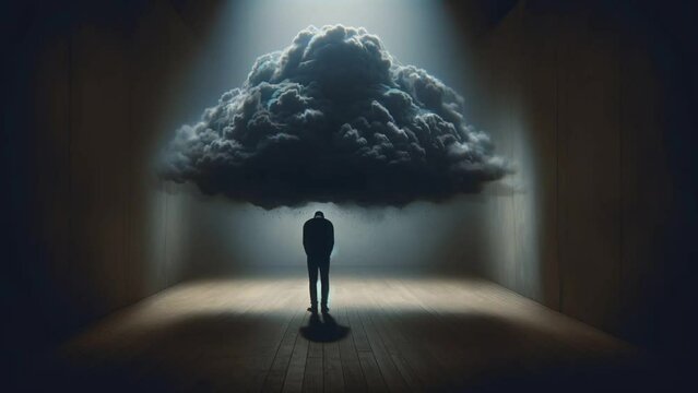 Person facing a large motion cloud indoors, surreal concept