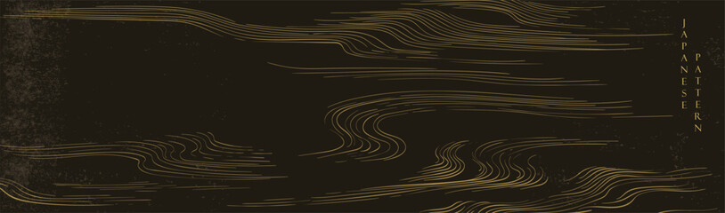 Abstract art element with Japanese pattern vector. Oriental gold line decoration with black banner design, flyer or presentation in vintage style. Ocean sea elements.
