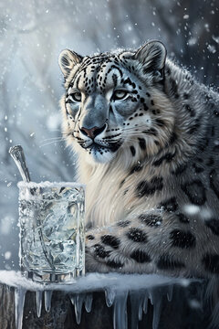 A leopard with a flass in the snow