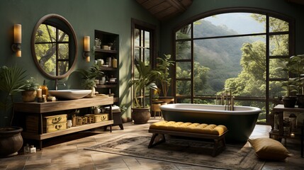 Bathroom with a view of the misty forest