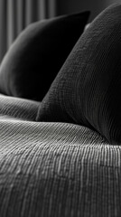 Modern Room With Pillow Bed With Gray Linen knitted fabric Closeup. Сoncept Pillow Bed, Modern Room, Gray Color Palette
