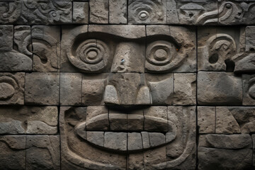 Wall texture material of sculpted stone, worked surface in base relief of tribal mask