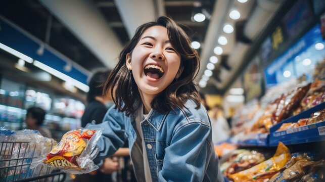 Laughing woman pushing a shopping cart full of groceries in a supermarket