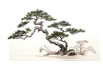 An illustration of a bonsai tree with a gnarled trunk and long green needles.