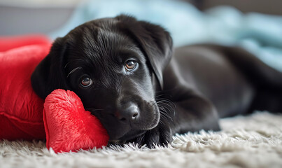 A cute Black Labrador puppy laid among red love heart plushies. 