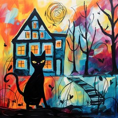 Black cat sitting in front of a blue house