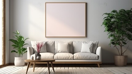 Bright living room interior with white sofa and plants