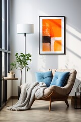 Modern minimalist living room interior with orange painting