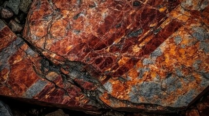 Dark red orange brown rock texture with cracks. Close-up. Rough mountain surface. Stone granite background for design. Nature. Wide banner. Design concept. Banner concept. Art concept. Rock concept.