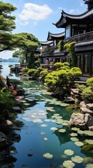 Fototapeta premium Oriental lake house with reflection in water