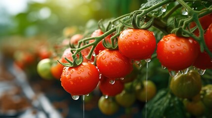 Close-up of ripe tomatoes on the vine with water drops - obrazy, fototapety, plakaty