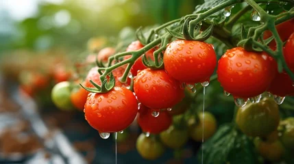 Fotobehang Close-up of ripe tomatoes on the vine with water drops © duyina1990