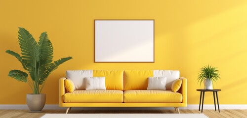 Immerse yourself in a tropical-themed lounge area with an empty mockup frame on a sunny yellow wall.