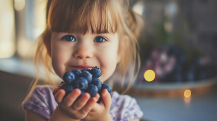 Little girl holds ripe wild black cretan grapes in her hands at home - obrazy, fototapety, plakaty