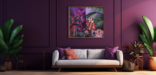 Inviting living space with tropical elements, an empty frame on a deep purple wall. A blank canvas for your creativity.