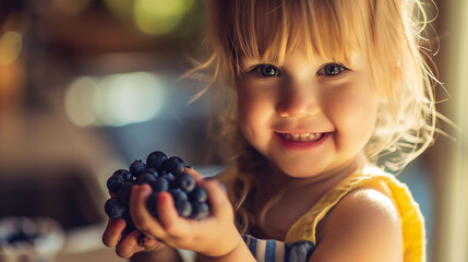 Little girl holds ripe wild black cretan grapes in her hands at home - obrazy, fototapety, plakaty