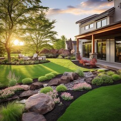 Modern house with beautiful landscape and rock garden