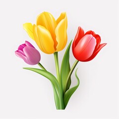 Three tulips with green leaves on a white background