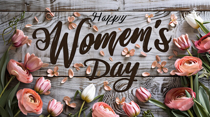 Warm wooden background with a heartfelt "Happy Women's Day" message surrounded by intricately hand-painted leaves and flowers