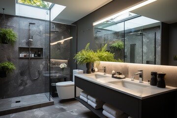 Ensuite bathroom with dark marble tiles and green plants - obrazy, fototapety, plakaty