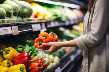 A woman is holding red bell peppers in a grocery store