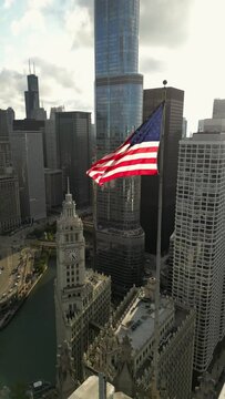 USA Flag Downtown Chicago Aerial View