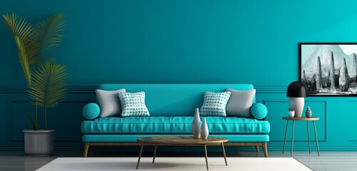 The allure of a tropical paradise living room captured with a blank mockup frame on a cool teal wall.