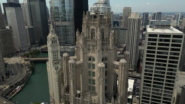 Tribune tower downtown Chicago drone aerial view