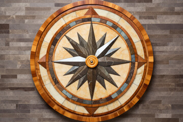 Wall decor compass made of polished inlaid stone and wood