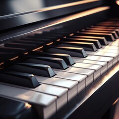 Close-up of piano keys with warm lighting, detailed view of an elegant piano keyboard 
