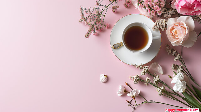 Serene pink background featuring a cup of coffee and elegant daisies, a delightful blend of sophistication and simplicity.