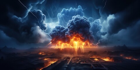Fantasy landscape with a volcanic eruption