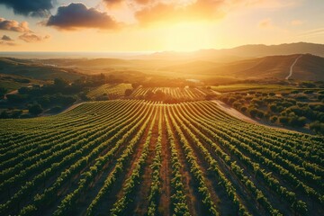 Aerial view of a sprawling vineyard at sunset - obrazy, fototapety, plakaty