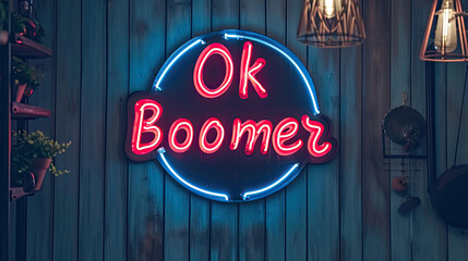 OK Boomer written on a neon sign. Gen Z slang
