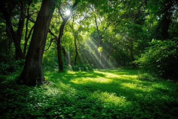 Lush green forest with sunlight filtering through trees
