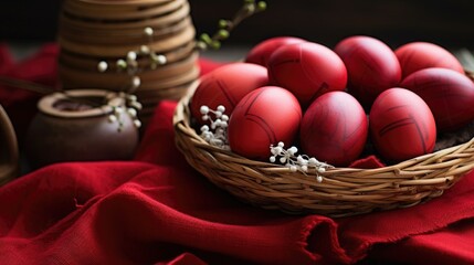 Fototapeta na wymiar red, beige. Traditional Easter colored eggs. natural colors, eco-friendly. The table is set for the holiday
