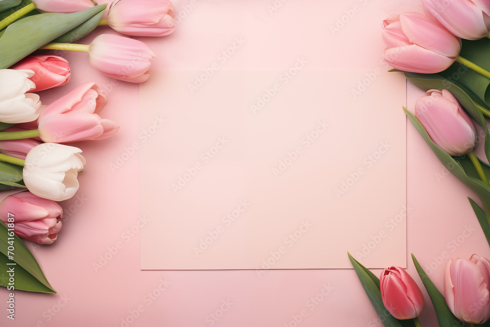 Wall mural Beautiful, stylish Mothers Day or Valentines Day background or banner. Flowers and presents with copy space