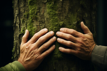 Hands Caressing a Tree Stump, Close-Up of Hands in Contact with a Grand Tree as a World Environment...