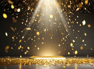 golden confetti rain on festive stage with light beam in the middle, empty room at night with copy space for award ceremony, jubilee, New Year's party or product presentations  - obrazy, fototapety, plakaty