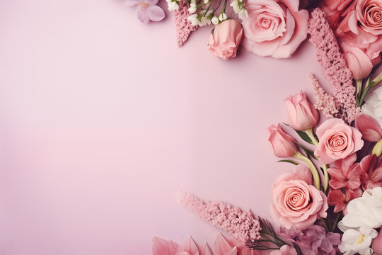 Beautiful, stylish Mothers Day or Valentines Day background or banner. Flowers and presents with copy space