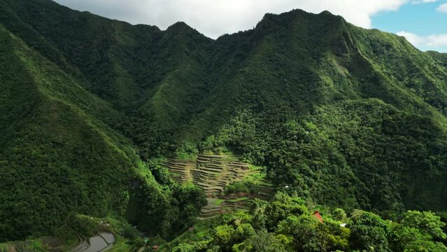 Aerial tilt view of picturesque Batad Rice Terraces in Ifugao Province, Luzon Island, Philippines, 4k